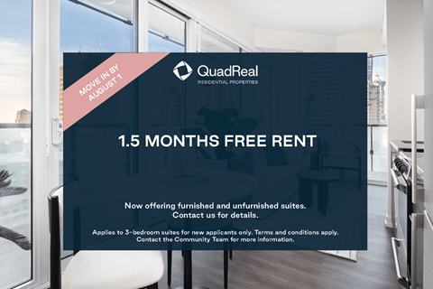A sign advertising a 1.5 months free rent offer from QuadReal.