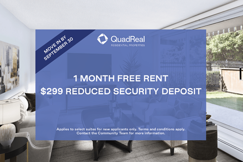 A room with a QuadReal advertisement offering a free rent and reduced security deposit.