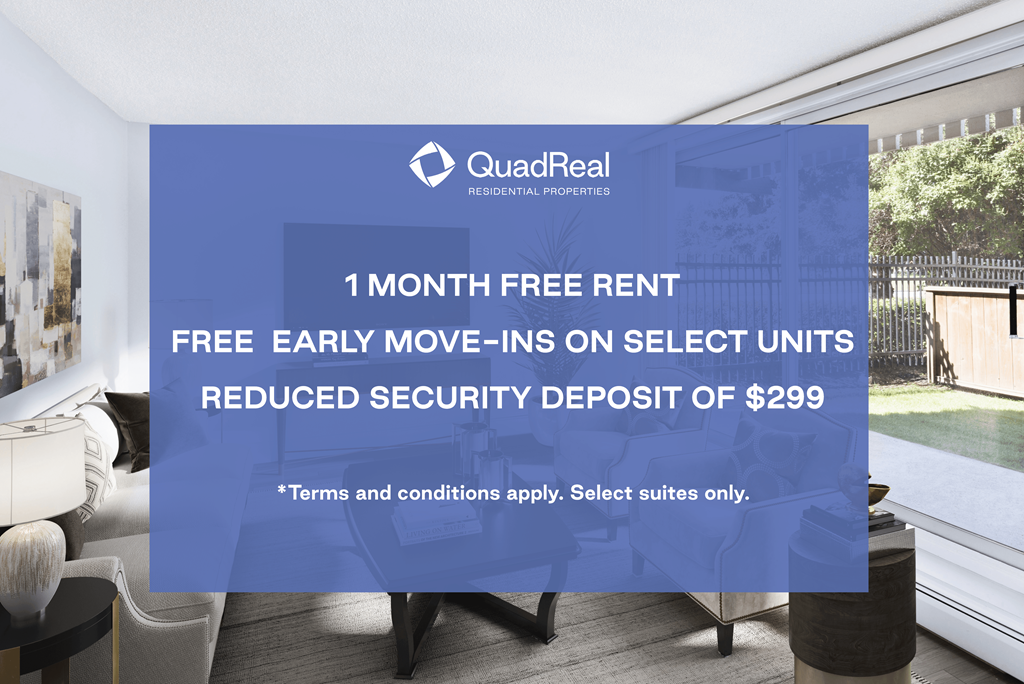 A QuadReal residential property advertisement offering a free early move-in and reduced security deposit.