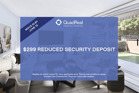 A QuadReal advertisement offering a $299 reduced security deposit.