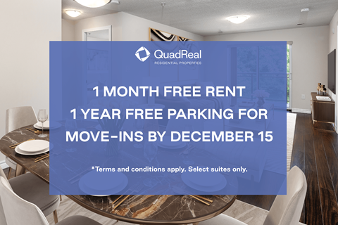 A room with a dining table and chairs with a QuadReal residential properties advertisement offering free rent and parking for move-ins by December 15.