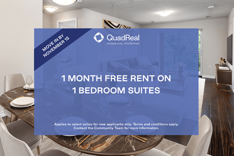 A room with a dining table and chairs is shown with an advertisement for a 1 month free rent on 1 bedroom suites.