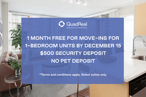 A sign advertising a free month for move-ins for 1-bedroom units by December 15 with a $500 security deposit and no pet deposit.