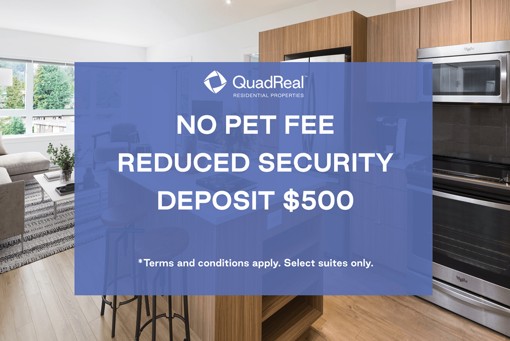 A modern kitchen with a sign advertising a $500 deposit for a QuadReal residential property.