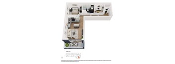 A floor plan of a two-bedroom apartment with a living room, kitchen, and bathroom.