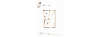 A floor plan of a 1 bedroom, 1 bathroom den sized at 687 sq.ft.