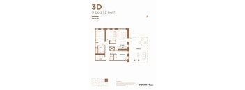 A floor plan for a 3 bedroom, 2 bathroom apartment sized 980 sq.ft.