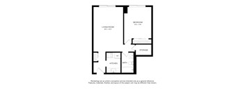A floor plan of a small apartment with a living room, bedroom, kitchen, bathroom, and storage.