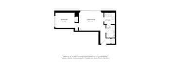 A floor plan of a room with a bedroom, living room, kitchen and bath.