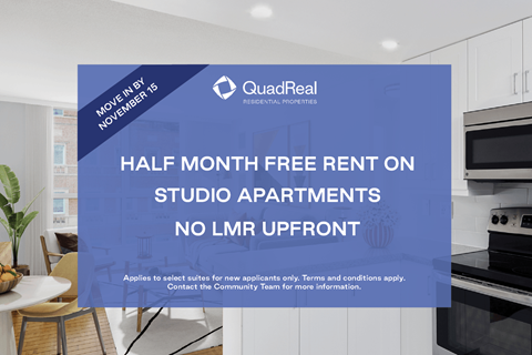 A QuadReal advertisement offers half month free rent on studio apartments with no LMR upfront.