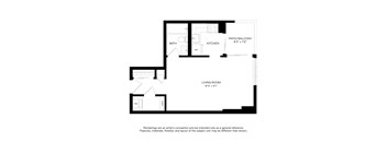 A black and white drawing of a house layout with a living room, kitchen, and bath.