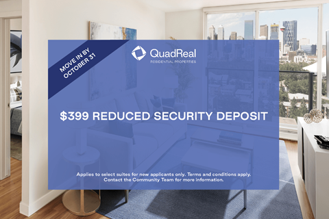 A QuadReal advertisement offers a $399 reduced security deposit.