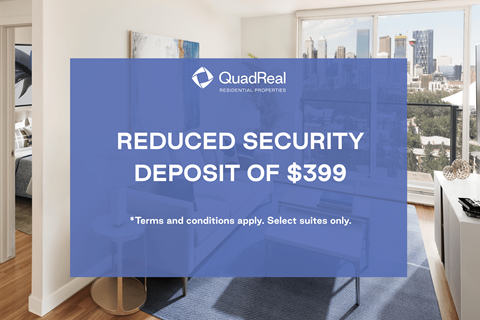 A room with a large window overlooking a cityscape, with a sign advertising a reduced security deposit of $399.