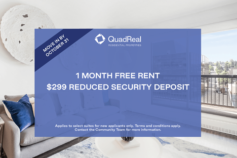 A promotional image for QuadReal REIT offering a free rent for the first month and a reduced security deposit.