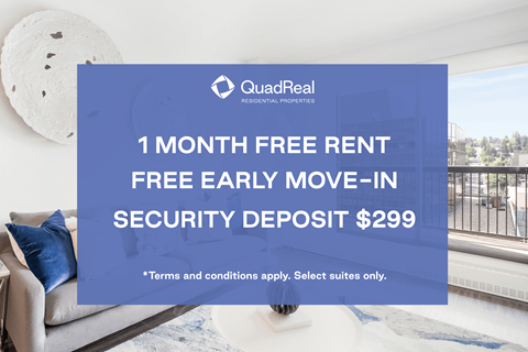 A promotional image for QuadReal Residential Properties offering a free rent and security deposit for a month.
