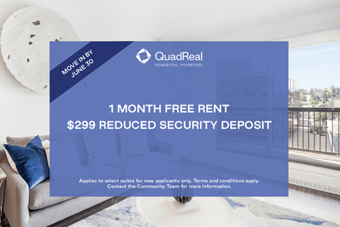 A promotional image for QuadReal REIT offering a free rent for the first month and a reduced security deposit.