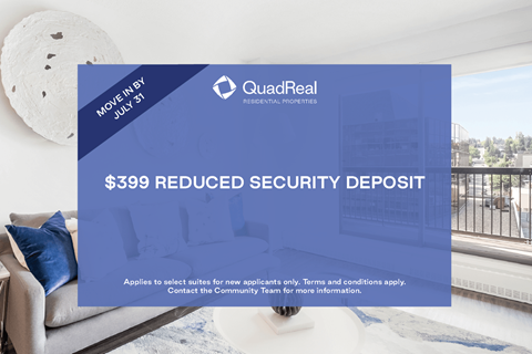 A blue advertisement for a $399 reduced security deposit from QuadReal.