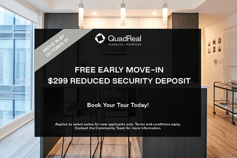 A sign advertising a free early move-in and a reduced security deposit.