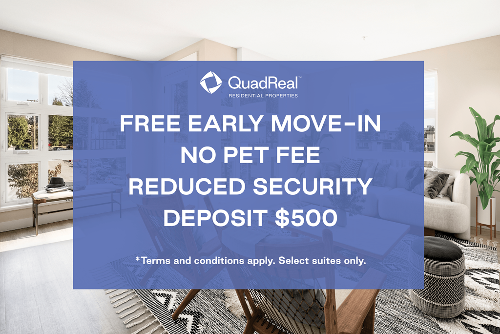 A room with a large window and a rug on the floor with a sign offering a free early move-in with no pet fee and a reduced security deposit.
