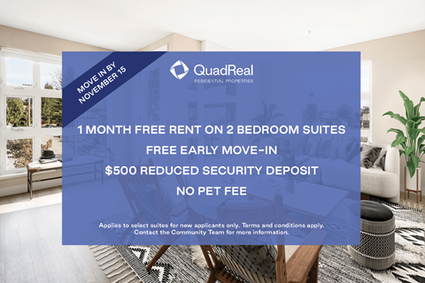 A room with a QuadReal advertisement for free rent on 2 bedroom suites.