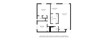 A black and white floor plan of a house with two bedrooms, a dining room, a living room, a kitchen, and two bathrooms.