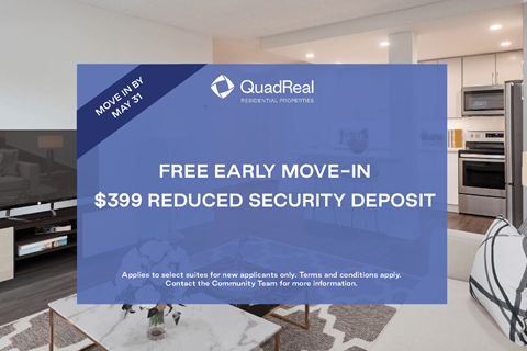 A QuadReal REIT advertisement offers a free early move-in and a reduced security deposit.