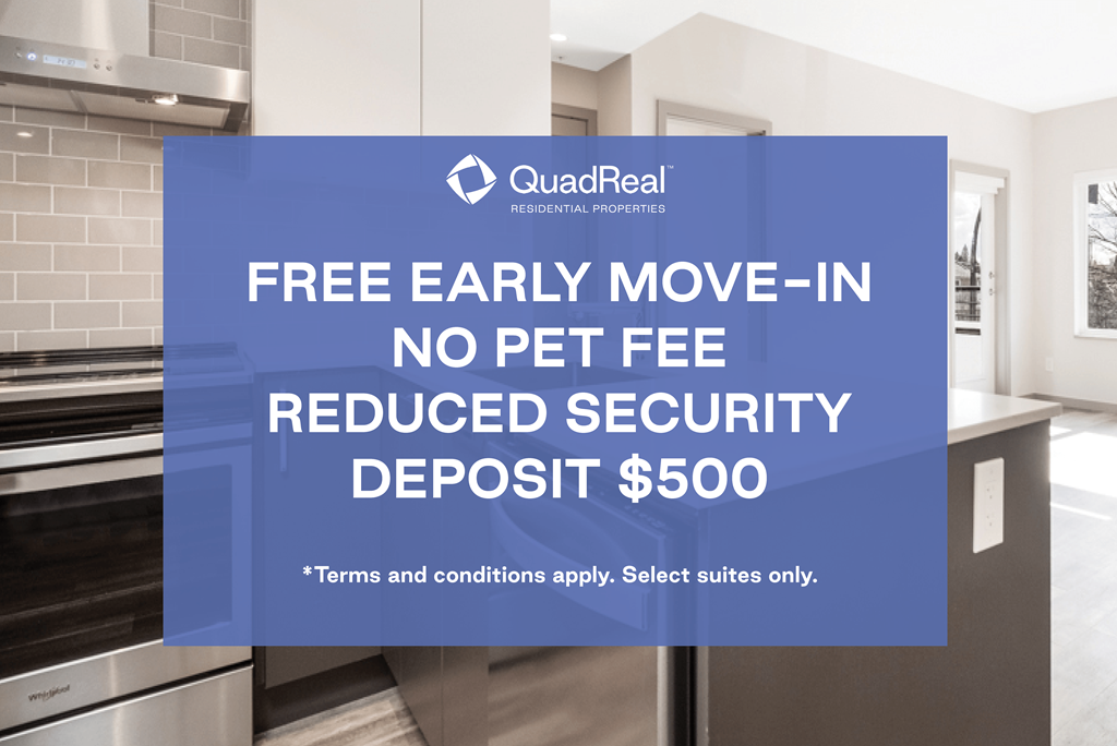 A kitchen with a sign offering free early move-in, no pet fee, and reduced security deposit.