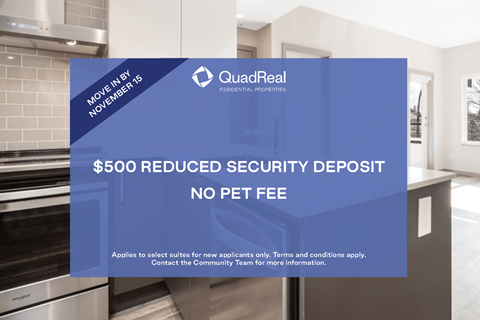 A QuadReal advertisement offering a $500 reduced security deposit with no pet fee.