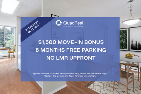 A room with a QuadReal advertisement offering a $1,500 move-in bonus and 8 months of free parking.