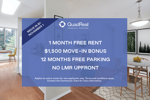 A room with a QuadReal advertisement offering free rent and parking.