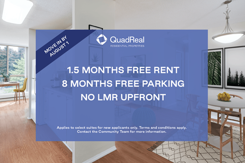 A room with a QuadReal advertisement offering free rent and parking.