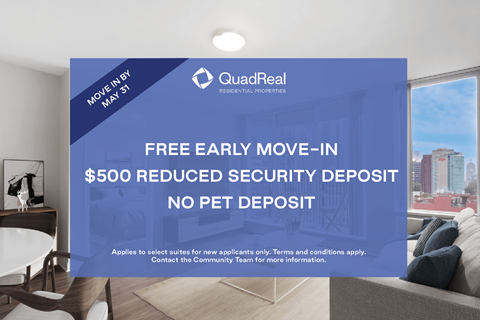 A sign advertising a free early move-in and a reduced security deposit.