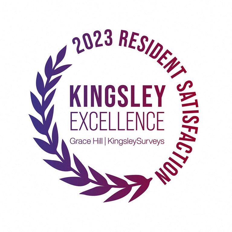 a logo for kingsley excellence with purple laurels on a white background