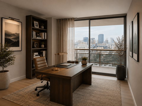 A room with a desk, chair, and a view of the city.