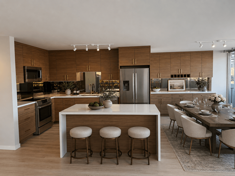 A modern kitchen with a central island and bar stools.