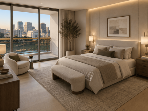 A bedroom with a large bed and a view of the city.