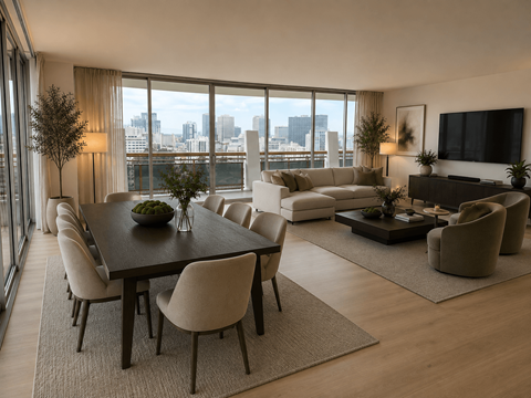 A modern living room with a large window overlooking the city.