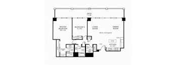 a floor plan of a studio apartment with a bedroom and a living room