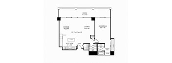 a floor plan of a studio apartment with a bedroom and a living room