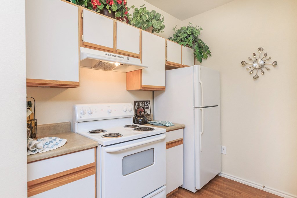 a kitchen with a white stove and a refrigerator