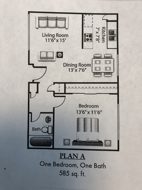 1 Bedroom 1 Bath Plan A Floor Plan at Villa La Paz, Bellflower, CA, 90706