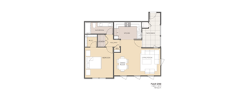 A floor plan of a one bedroom apartment with a living room, dining room, kitchen, bathroom, bedroom, and laundry area.