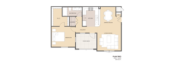 A floor plan of a two bedroom apartment with a living room, kitchen, dining room, bathroom, laundry, and bedroom.