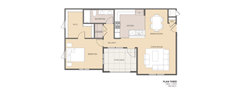 A floor plan of a one bedroom apartment with a living room, kitchen, bathroom, and a dining room.