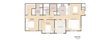 A floor plan of a house with a living room, dining room, kitchen, and multiple bathrooms.