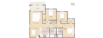 A floor plan of a home with a living room, dining room, kitchen, and multiple bedrooms.