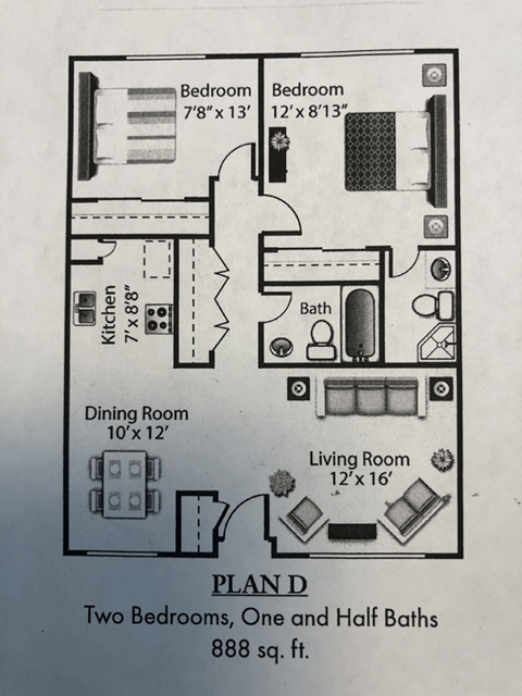 2 Bedroom 2 Bath Plan D Floor Plan at Villa La Paz, Bellflower, CA, 90706