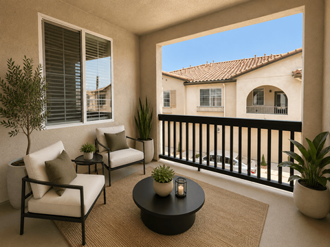 A balcony with a table and chairs overlooking a building.