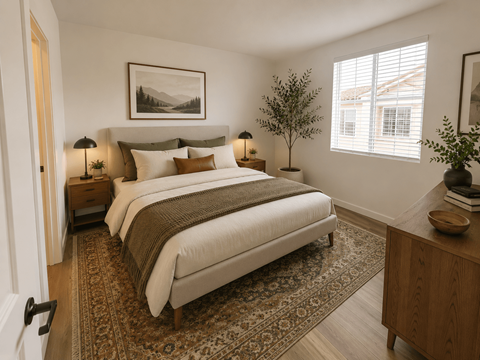 A bedroom with a large bed and a rug on the floor at Via Del Lago Homes in Moreno Valley, CA, 92555