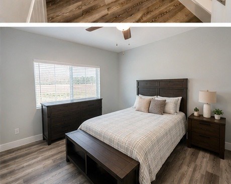 A bedroom with a bed, nightstand, and window at Vineyard Springs Apartments in Johnson City, TX, 78636